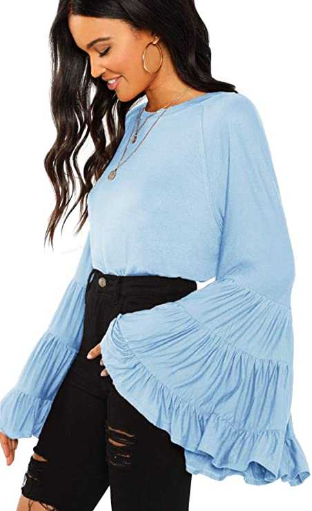 Floerns Women's Casual Boho Ruffle Long Bell Sleeve Tops Tee Shirt