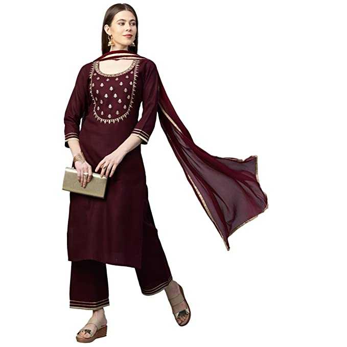 GoSriKi Women's Cotton Straight Kurta with Palazzo & Dupatta 