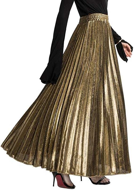 CHARTOU Women's Premium Metallic Shiny Shimmer Accordion Pleated Long Maxi Skirt