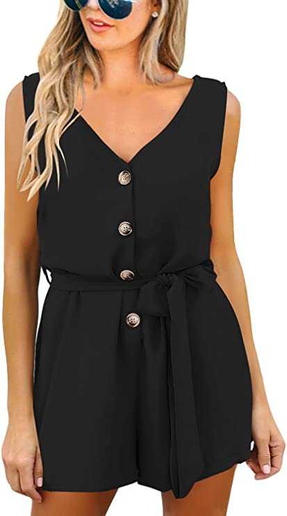 luvamia Women's Casual Short Sleeve Belted Overlay Keyhole Back Jumpsuits Romper