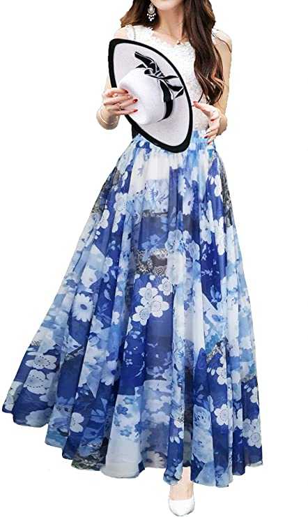 Afibi Boho Floral Long Summer Beach Chiffon Wrap Cover Up Maxi Skirt for Women