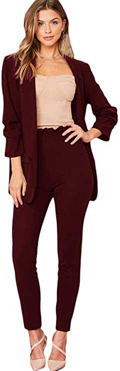 SheIn Women's Two Piece Open Front Long Sleeve Blazer and Elastic Waist Solid Pant Set Suit