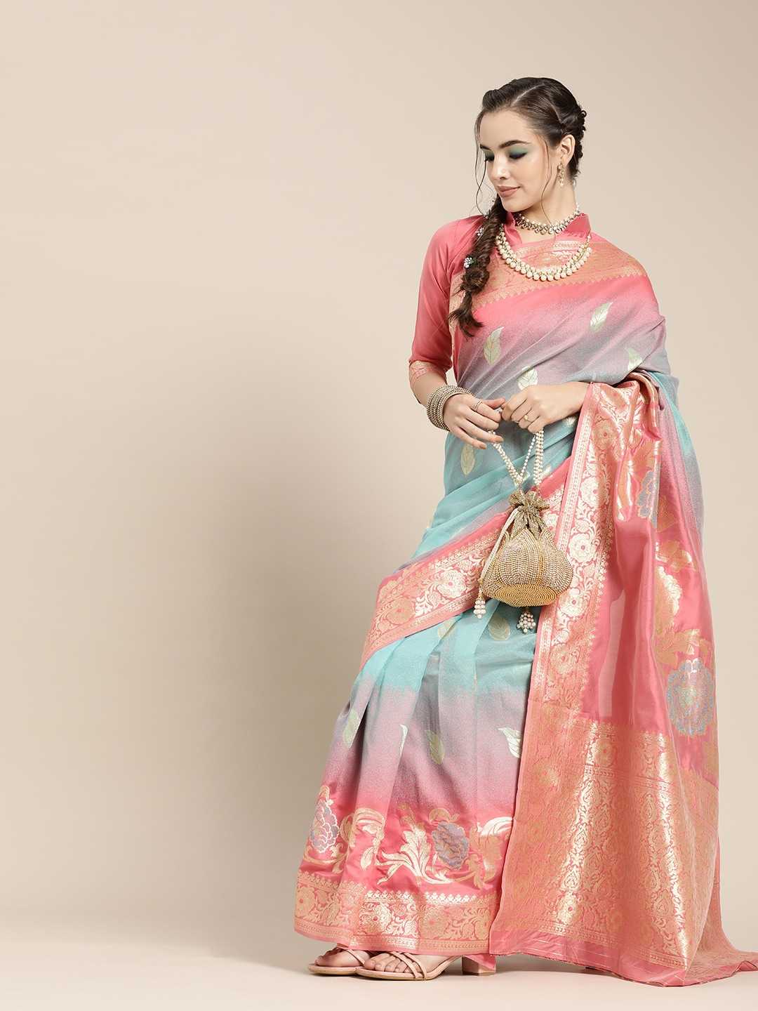 Saree mall Pink & Blue Floral Dyed Banarasi Sarees