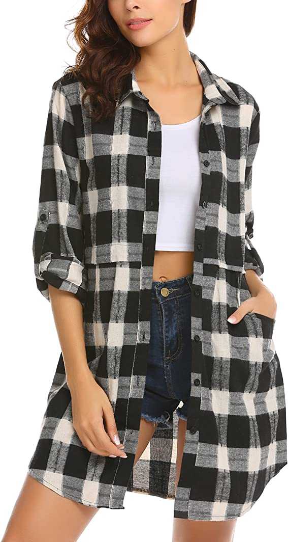 Hotouch Womens Flannel Plaid Shirts Roll Up Long Sleeve Pockets Mid-Long Casual Boyfriend Shirts